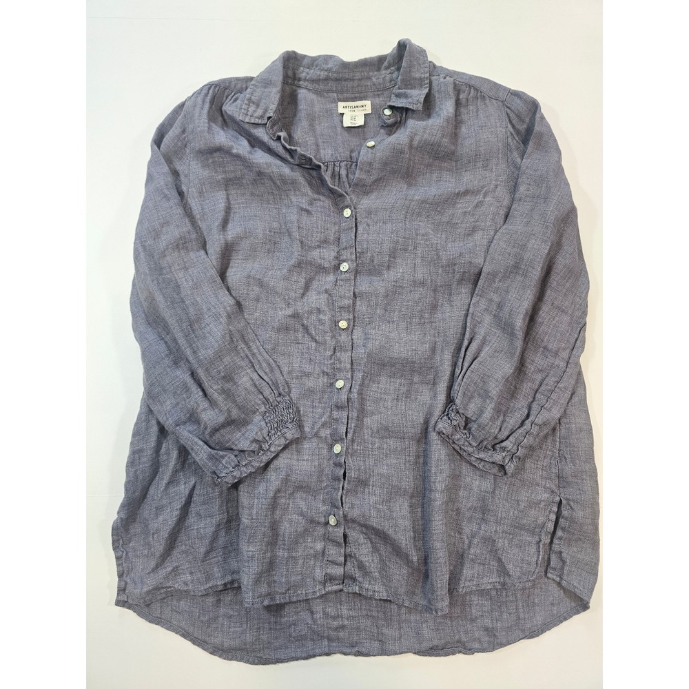 Artisan NY Linen Button Down Shirt Women M Blue 100% Linen Smocked Cuff Casual